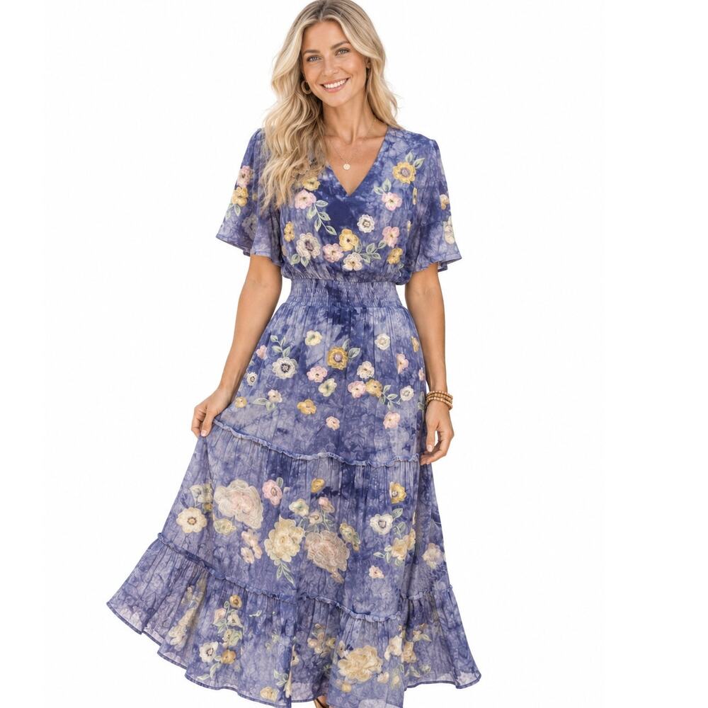 Savanna Jane Embroidered Maxi Dress Womens Small Blue Floral Cottagecore Boho